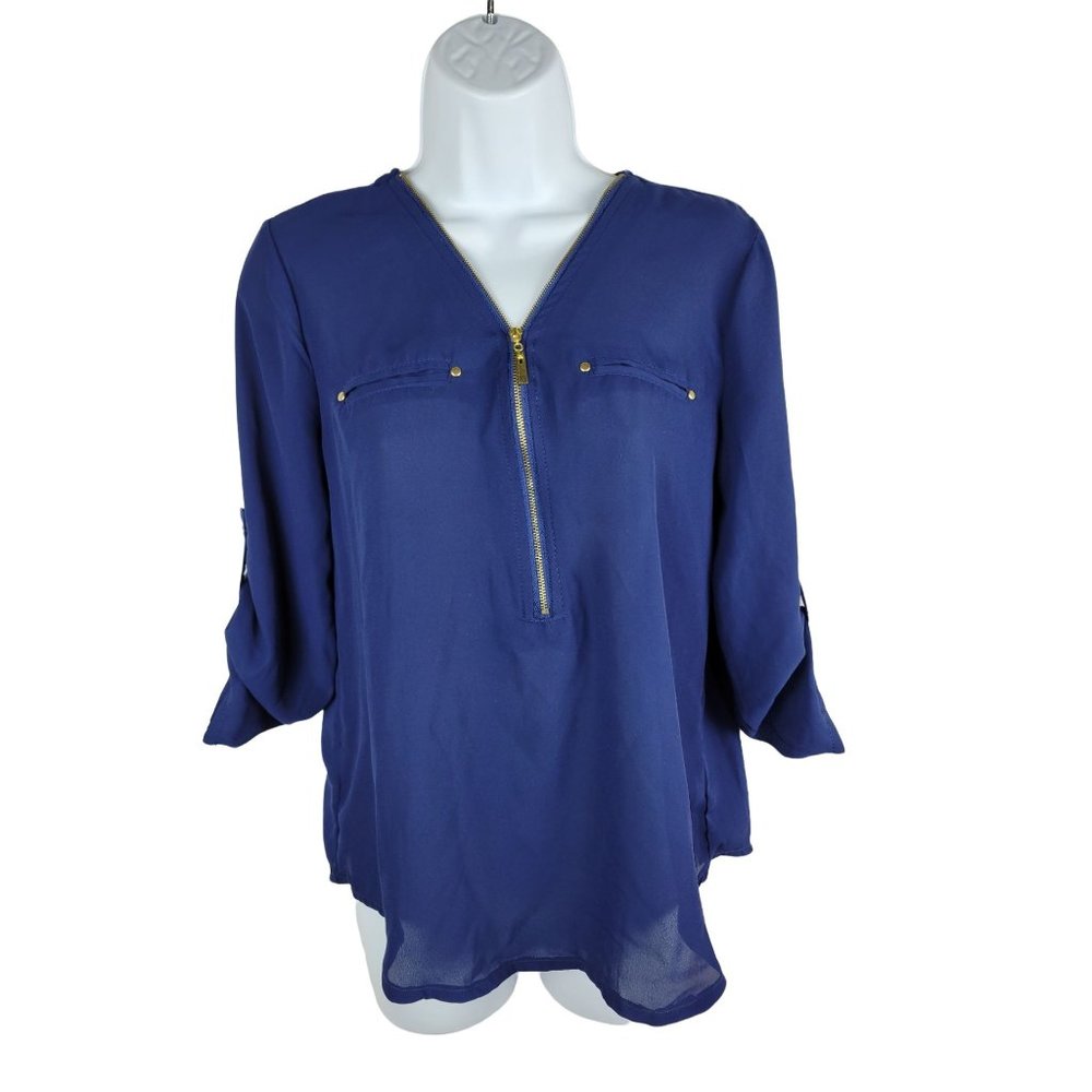 paper tee roll tab sleeve medium blue,gold solid chiffon golden top zi…